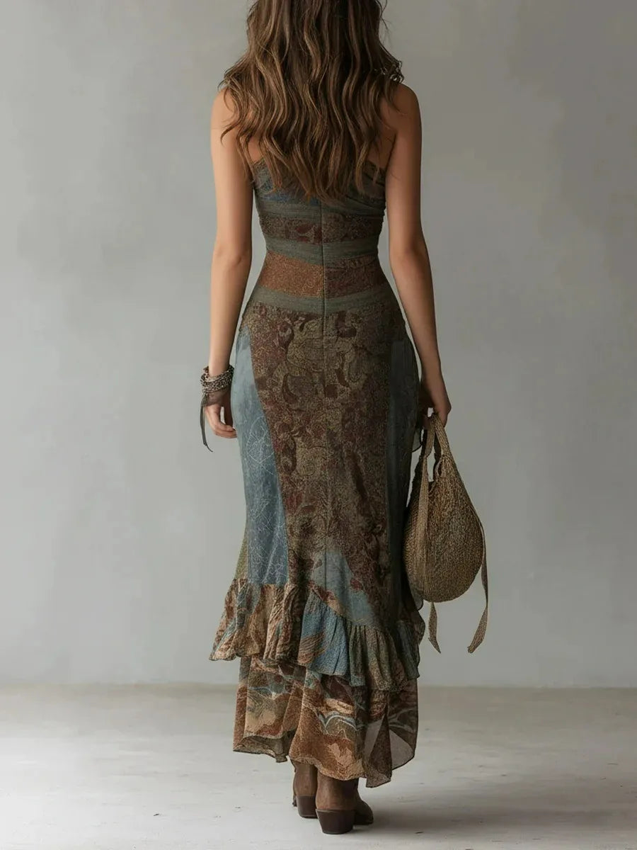 WY602005 2026 Retro Spliced Printed Dress European Irregular Ruffle Hem Vacation Maxi Dress