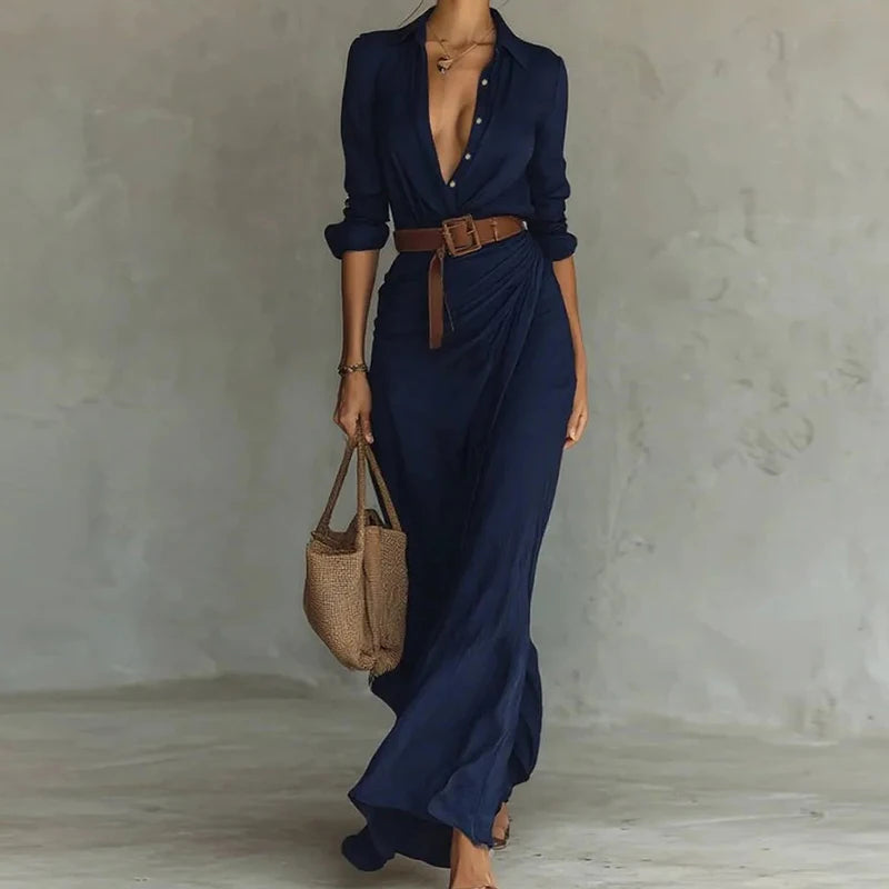 Holiday Buttons Draped Chic Party Dress Spring Autumn Women Turn Down Collar Simple Maxi Dress Long Sleeve Elegant Ladies Dress