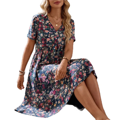 2026 Summer Bohemian A-line Dress Daily Vestidos Lady Women's Casual Dresses Personality Retro V-link Floral Print Short Sleeves