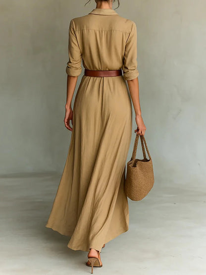 Holiday Buttons Draped Chic Party Dress Spring Autumn Women Turn Down Collar Simple Maxi Dress Long Sleeve Elegant Ladies Dress