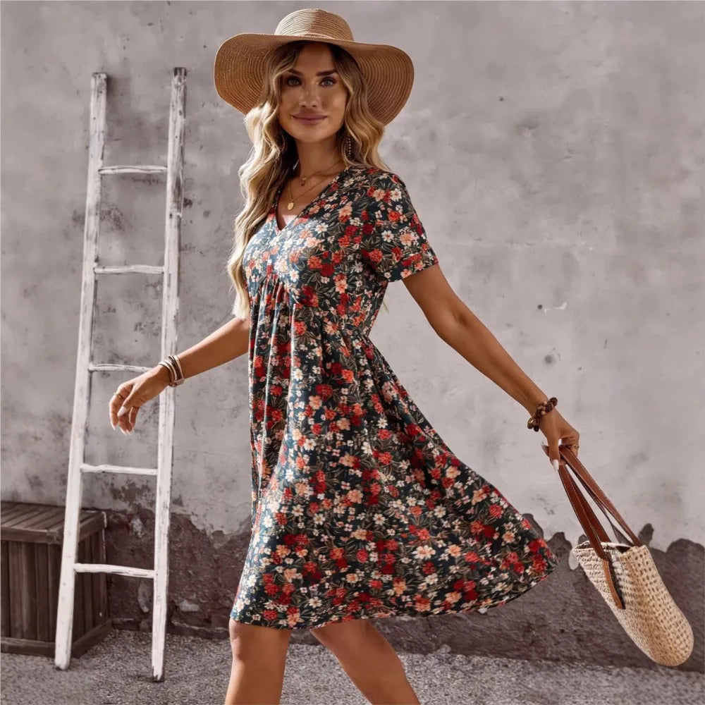 2026 Summer Bohemian A-line Dress Daily Vestidos Lady Women's Casual Dresses Personality Retro V-link Floral Print Short Sleeves