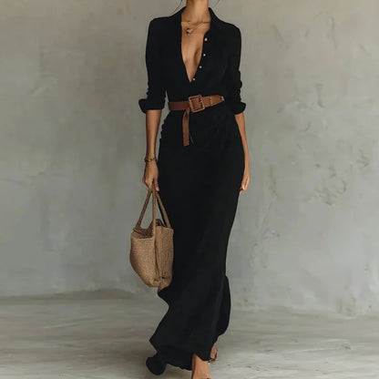 Holiday Buttons Draped Chic Party Dress Spring Autumn Women Turn Down Collar Simple Maxi Dress Long Sleeve Elegant Ladies Dress