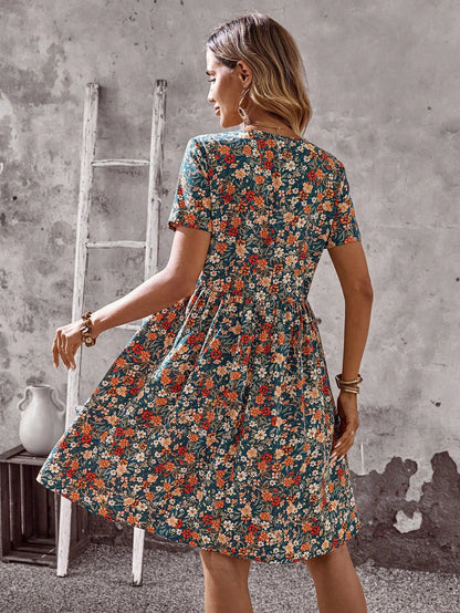2026 Summer Bohemian A-line Dress Daily Vestidos Lady Women's Casual Dresses Personality Retro V-link Floral Print Short Sleeves