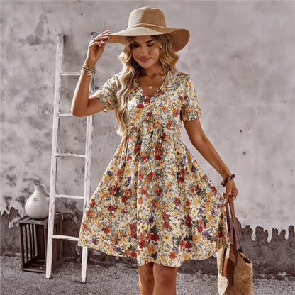 2026 Summer Bohemian A-line Dress Daily Vestidos Lady Women's Casual Dresses Personality Retro V-link Floral Print Short Sleeves